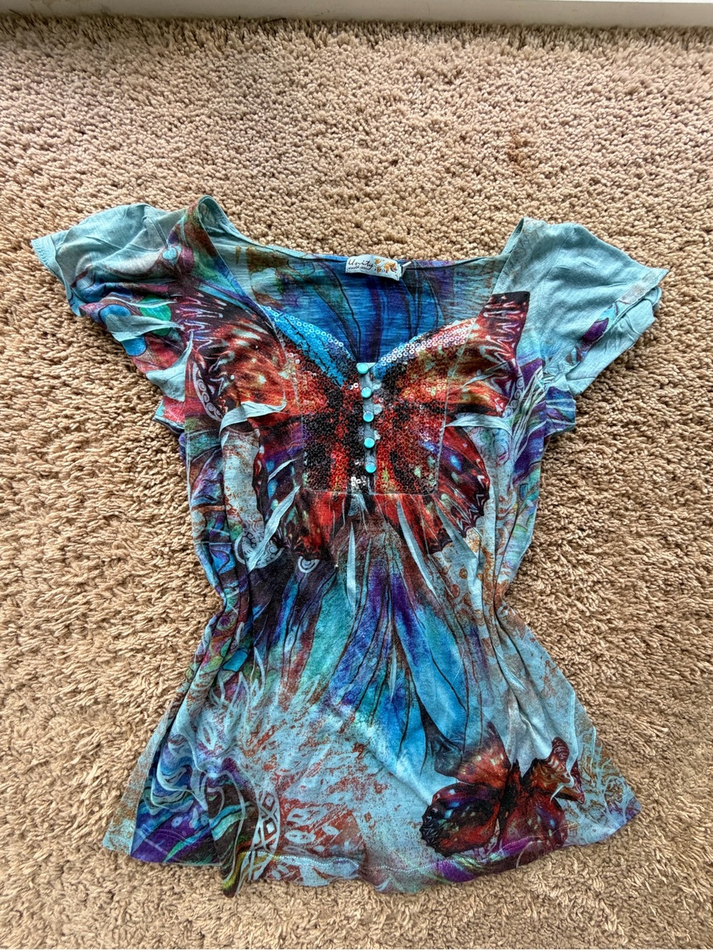 Unity World Wear Turquoise Butterfly Ruffle Sleeve Top
